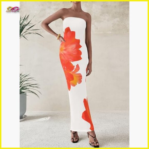 Strapless Maxi Dress Bodycon Formal Elegant Mesh Floral Wedding Guest - Picture 2 of 7